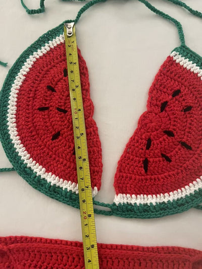 Handmade crocheted bikini with watermelon slice top in red, green, and white, and solid red tie-side bottoms. - Image 10