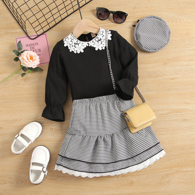 Conjunto Infantil 3 Piezas: Blusa de Encaje, Falda Cuadrillé y Gorro - Image 21