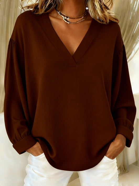Blusa Casual de Cuello V y Manga Larga en Colores Sólidos - Image 9