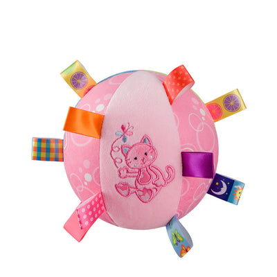 Plush ball toy with a brown polka dot base, yellow monkey embroidery, and colorful fabric tags. - Image 7