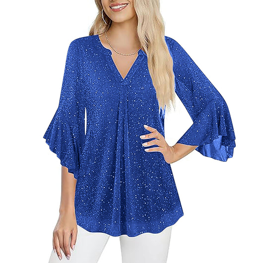 Blusa Suelta de Malla Plateada con Cuello V y Mangas 3/4 Pétalos - Image 3