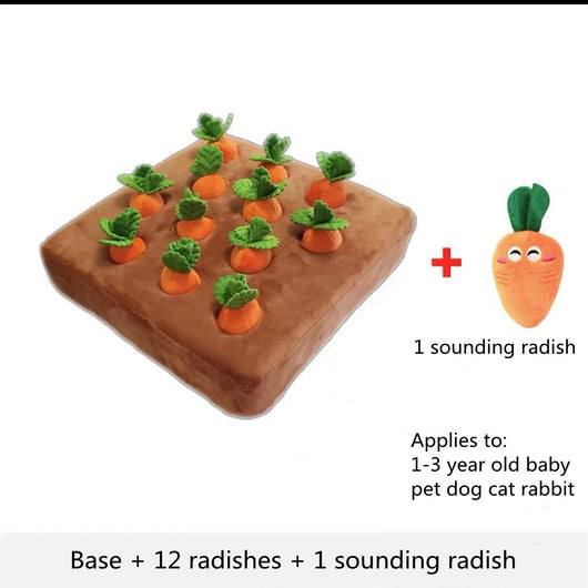 Brown plush snuffle mat with ten orange carrot-shaped toys, each with green leafy tops, for pet foraging and play. - Image 6
