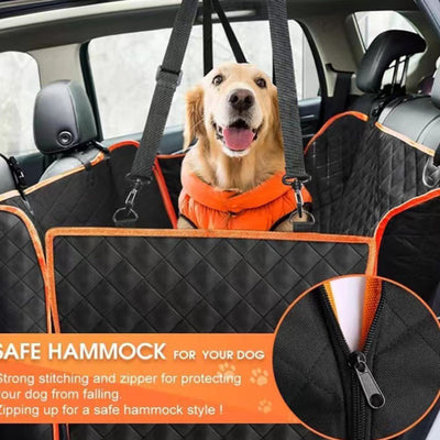 Black quilted Oxford cloth car pet mat installed in a car's rear seat, featuring a hammock design with side flaps. - Image 3