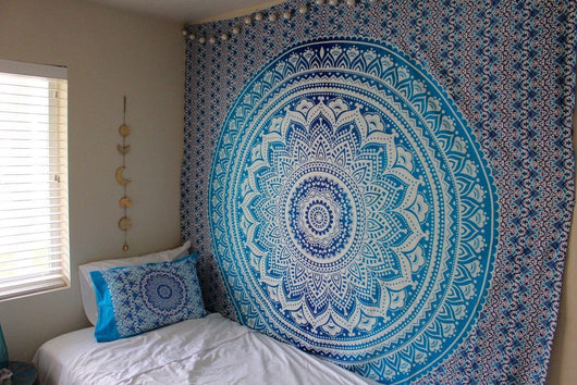 Black and white mandala tapestry with intricate floral and geometric patterns hanging on a bedroom wall. - Image 12