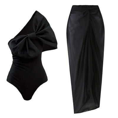 Black one-piece swimsuit with a white oversized bow detail at the tube top bust, perfect for summer. - Image 8