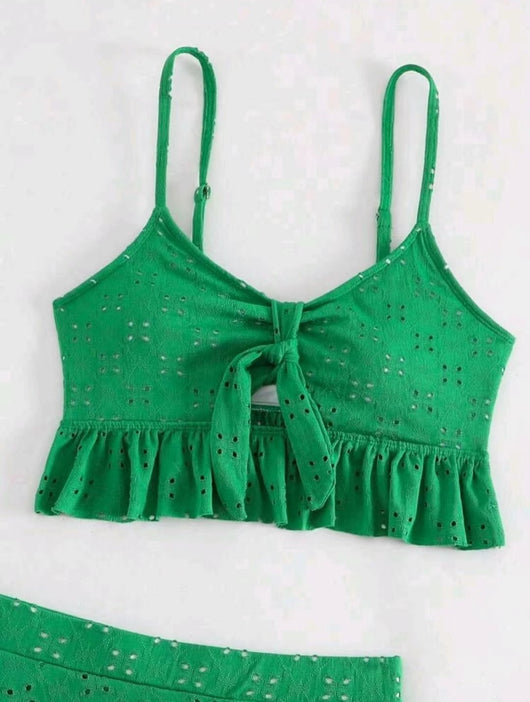 Light blue eyelet two-piece swimsuit set with a tie-front crop top and a matching ruffle-trim hip-hugging skirt. - Image 18