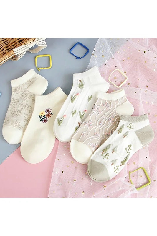 Pack 5 Pares de Calcetines Cortos para Mujer con Estampado Floral