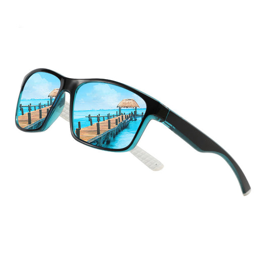 Black and blue polarized sports sunglasses with rectangular frames and blue mirrored lenses reflecting snowy mountains. - Image 4