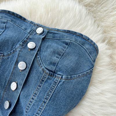 Pantalón Palazzo Denim de Cintura Alta con Top Tubo para Primavera y Verano - Image 9