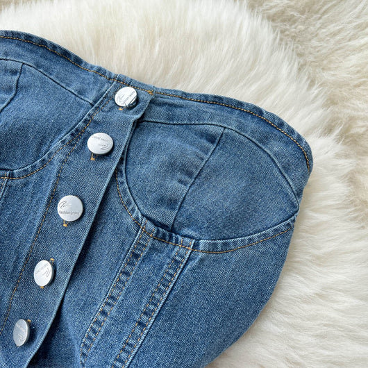 Pantalón Palazzo Denim de Cintura Alta con Top Tubo para Primavera y Verano - Image 9