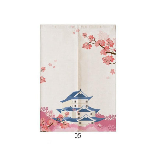 Japanese style noren door curtain with two red and blue Ukiyo-e koi fish on a cream wave pattern background. - Image 31