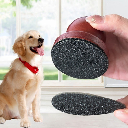 Red wooden dog claw grinding tool with a spherical handle and three circular black abrasive sanding pads.