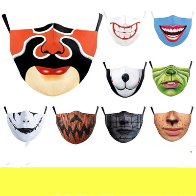 White ear hook dust mask with a black and white clown face design, featuring a wide stitched smile. - Image 2