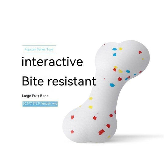 White bone-shaped dog toy with colorful speckles, labeled as interactive and bite-resistant. - Image 7