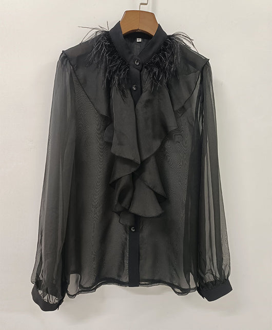 Blusa Elegante de Gasa con Cuello Alzado y Volantes - Image 7