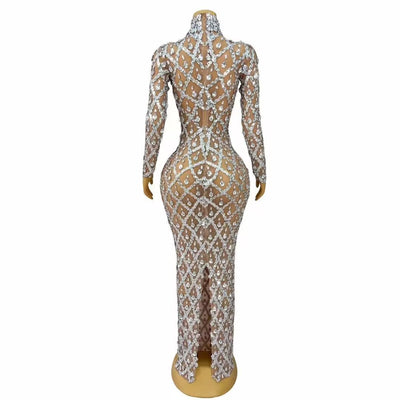 Vestido Largo de Malla Transparente con Cristales Brillantes - Image 4
