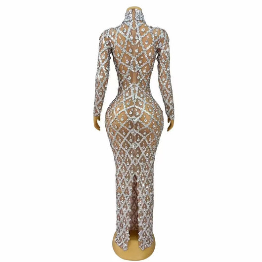 Vestido Largo de Malla Transparente con Cristales Brillantes - Image 4
