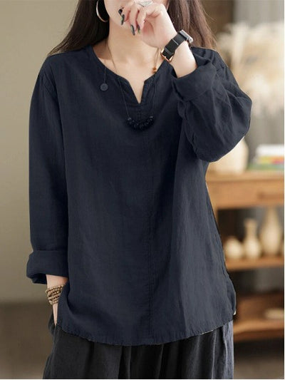 Blusa Suelta Retro Casual de Manga Larga con Abertura para Mujer - Image 8