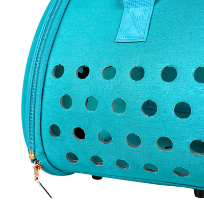 Ragdoll cat peeking from a dark grey pet carrier with transparent sides, ventilation holes, and rose gold zippers. - Image 11