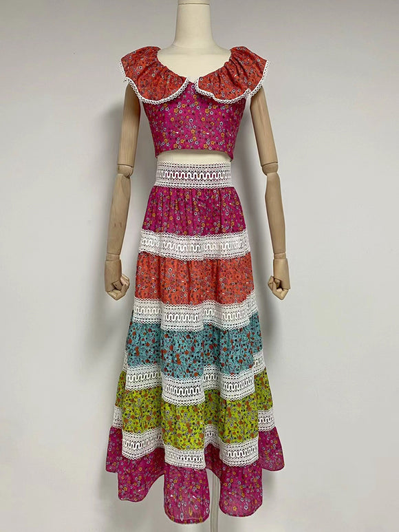 Conjunto Falda y Top Calado con Contraste de Colores