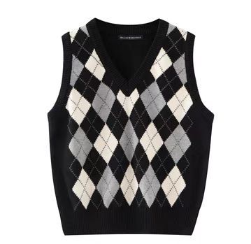 Chaleco Tejido Cuadros Diamante Estilo Preppy Retro Versátil - Image 17