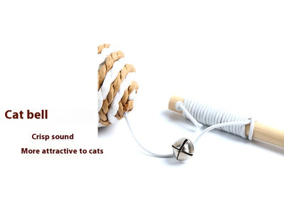 Cat teaser toy with a long wooden pole, a striped ball, brown feathers, and a small bell. - Image 22
