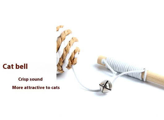 Cat teaser toy with a long wooden pole, a striped ball, brown feathers, and a small bell. - Image 22