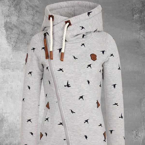 Cardigan Hoodie con Estampado de Pájaros y Bolsillos
