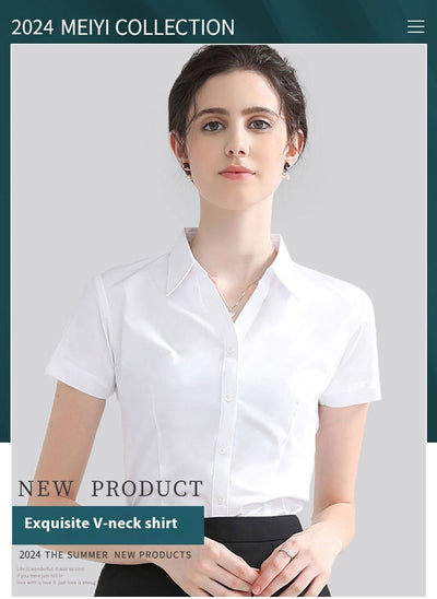 Blusa Blanca Manga Corta Cuello V para Trabajo - Image 16