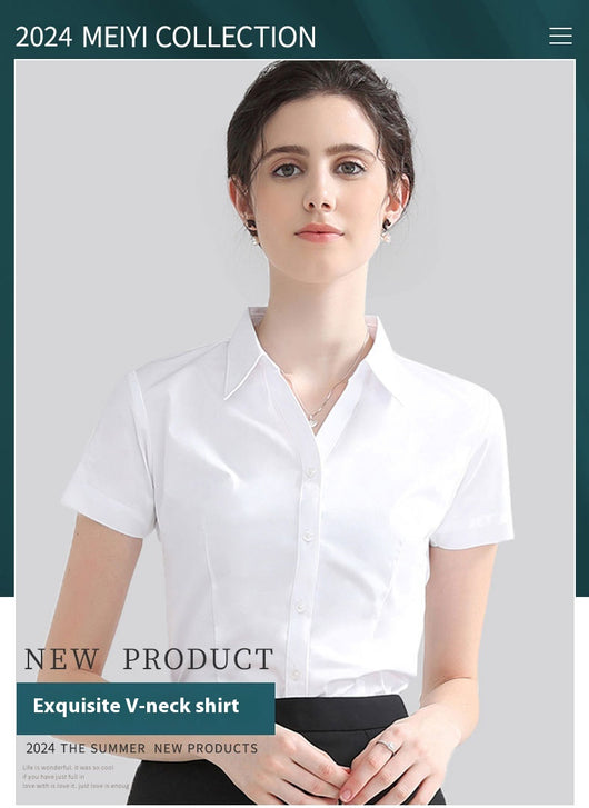 Blusa Blanca Manga Corta Cuello V para Trabajo - Image 16