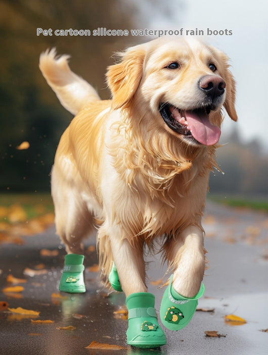 Four yellow silicone dog booties with a cartoon dog face emblem and "LUCKY" strap on a light blue background. - Image 20