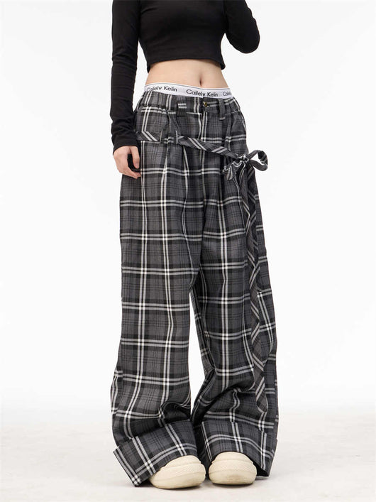 Pantalones Anchos Retro Cuadros con Cintura Elástica Estilo Americano - Image 4