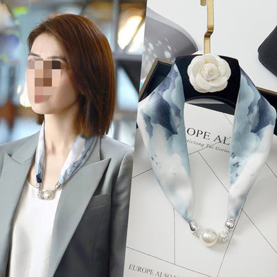 Pañuelo de Seda con Broche Magnético y Collar de Perlas para Mujer - Image 8