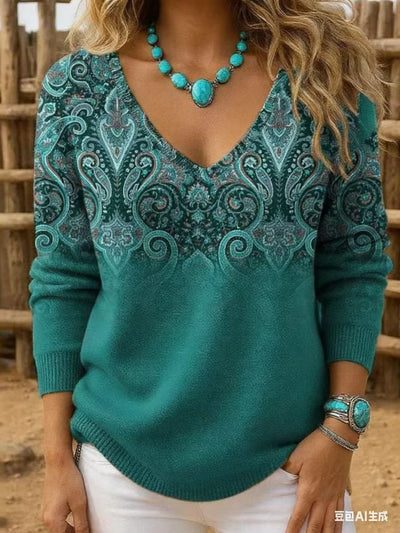 Blusa Retro Estampada con Cuello en V y Manga Larga para Mujer - Image 15
