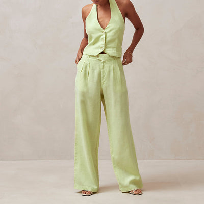 Pantalones de Lino Puro Cintura Alta Rectos para Mujer - Image 3