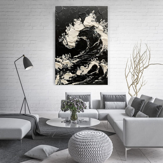 Cuadro Abstracto Olas del Mar en Blanco y Negro - Pintura al Óleo Texturizada Tamaño Grande - Image 3