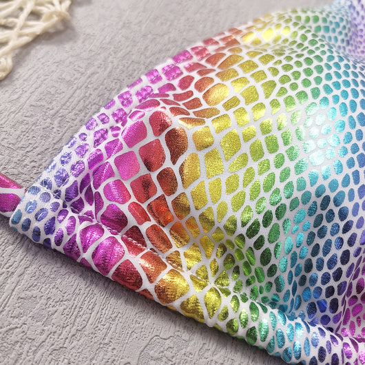 Gradient snakeskin print bikini with iridescent colors, triangle top, and tie-side bottoms. - Image 14