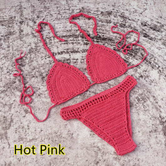 White 3-piece handmade crochet bikini set with triangle top, high-cut bottoms, and fringed mesh beach skirt. - Image 15