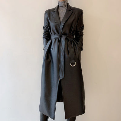 Abrigo Trench Coat de Cuero PU Doble Botonadura con Cuello de Traje - Image 5