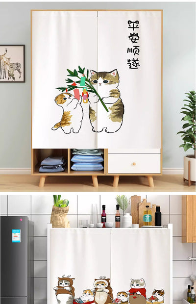 White segmented fabric door curtain with a cartoon design of three cats cooking and surrounded by fried eggs. - Image 15