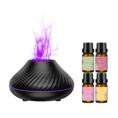 Black flame aromatherapy diffuser with purple mist and four essential oil bottles: Lily, Rose, Sakura, and Lemon. - Image 5