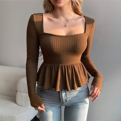 Blusa Francesa Escote Cuadrado Manga Larga Cintura Ajustada