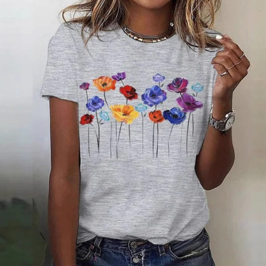 Camiseta Suelta de Cuello Redondo con Estampado Floral Colorido para Mujer
