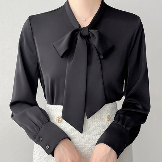 Blusa Ejecutiva de Satén con Moño y Cinta para Mujer