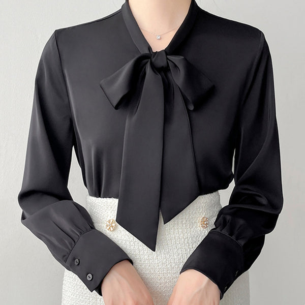 Blusa Ejecutiva de Satén con Moño y Cinta para Mujer
