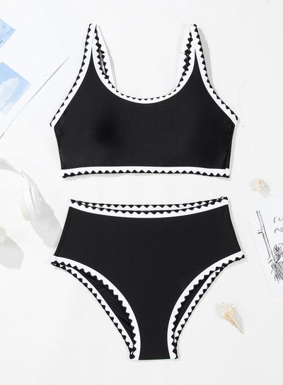 Green and white floral paisley high-waisted bikini swimsuit with scalloped edges on a model. - Image 27