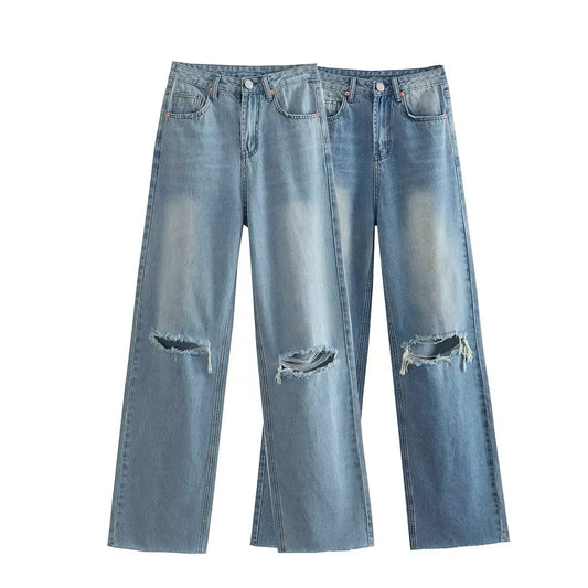 Jeans de Talle Alto y Pierna Ancha con Detalles Perforados para Primavera y Verano - Image 2