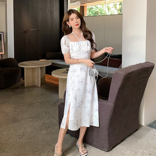 Vestido Retro Floral con Escote Cuadrado Francés para Mujer