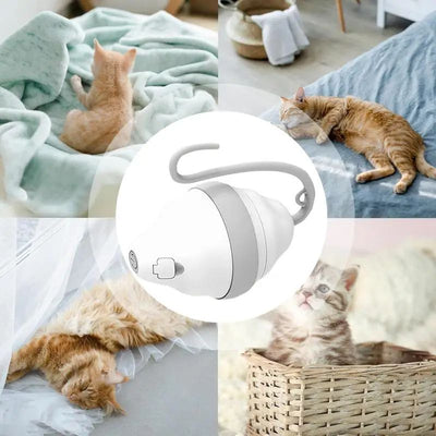 White and grey automatic rolling mouse cat toy with a curved feather teasing stick, showing product dimensions. - Image 10