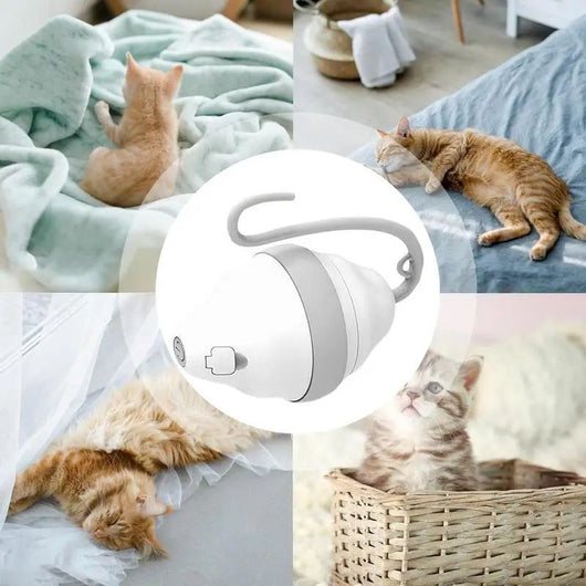 White and grey automatic rolling mouse cat toy with a curved feather teasing stick, showing product dimensions. - Image 10